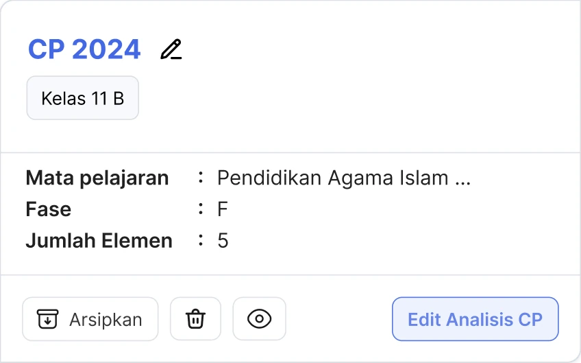 Contoh kartu Analisa CP 2024 untuk Kelas 11 B beserta tombol Arsipkan dan Edit Analisis CP